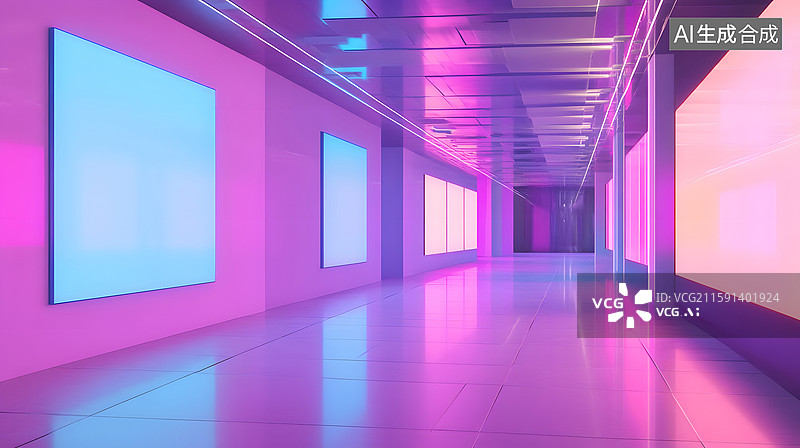 【AI数字艺术】霓虹灯光走廊与空白电子广告牌图片素材
