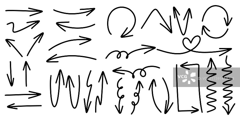 一组手绘箭头涂鸦在白色背景上图片素材