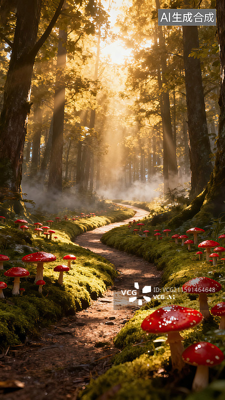 【AI数字艺术】树林，蘑菇，小路，丁达尔，宁静图片素材