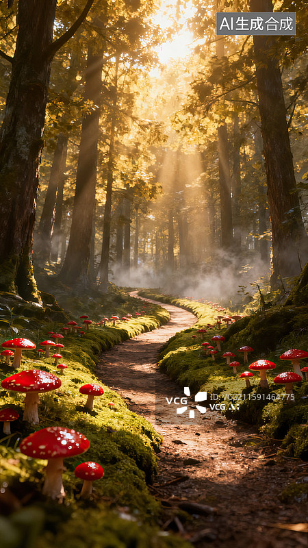 【AI数字艺术】树林，蘑菇，小路，丁达尔，宁静图片素材