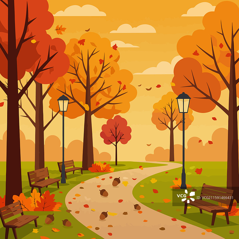 秋季公园中的步道，周围有树木和长椅图片素材