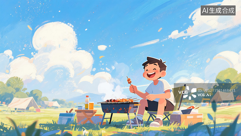 【AI数字艺术】公园里烧烤的男生插画图片素材