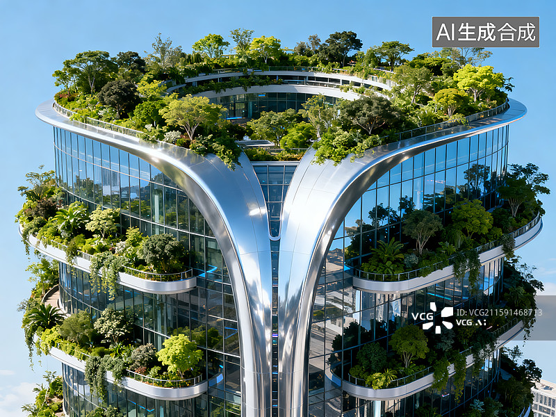 【AI数字艺术】未来生态建筑：科技与自然融合的绿色摩天楼图片素材
