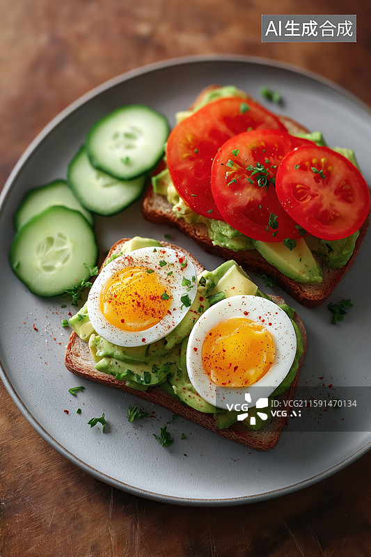 【AI数字艺术】牛油果吐司配水煮蛋和番茄图片素材