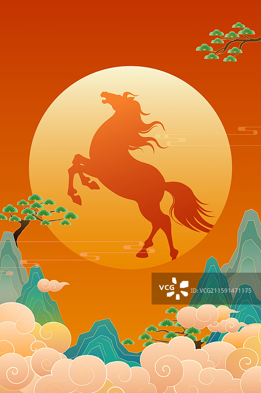 新年红色背景马年奔跑跃起的马图片素材