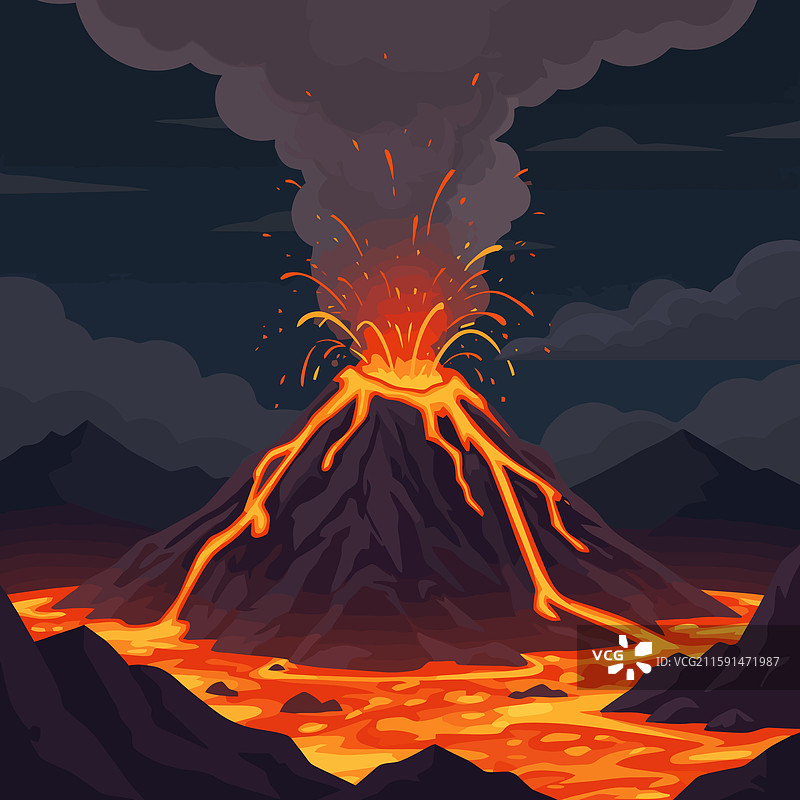 火山喷发，熔岩在黑暗中流动图片素材