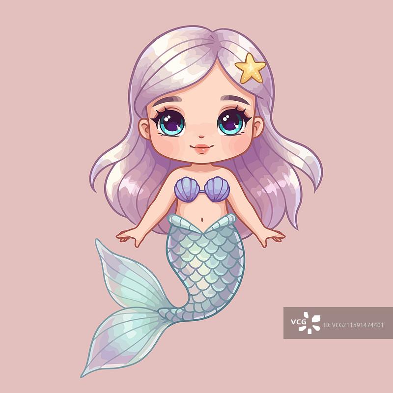 卡通美人鱼漂浮着，穿着贝壳胸罩和星星装饰图片素材