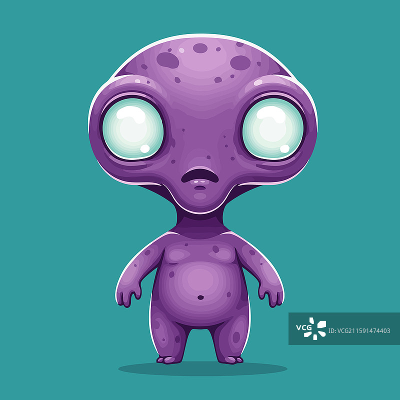 卡通外星人站在青绿色背景上，拥有大眼睛。图片素材
