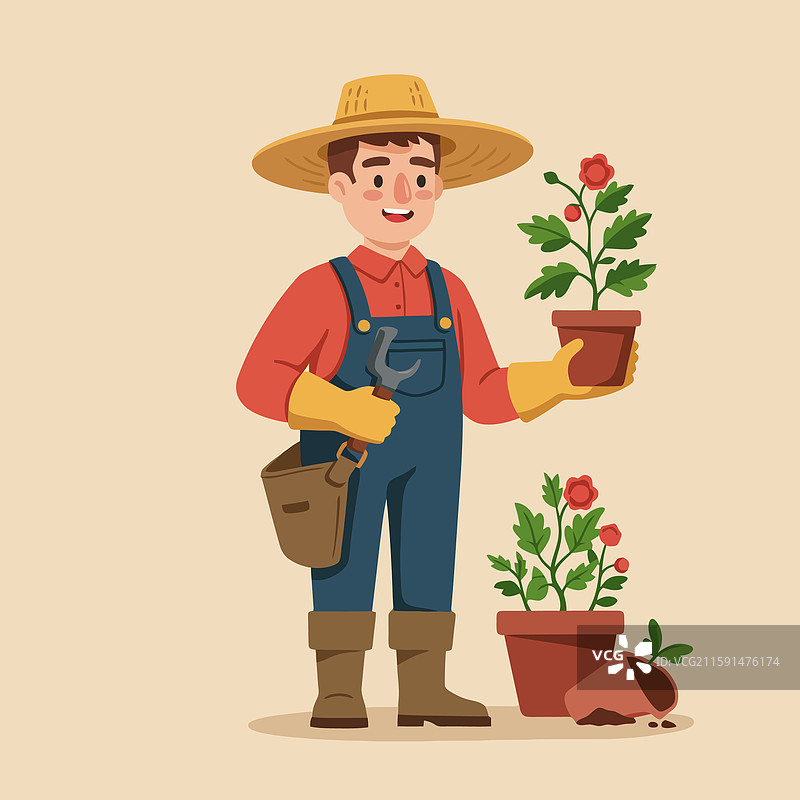 园丁手持盛开的植物花盆图片素材