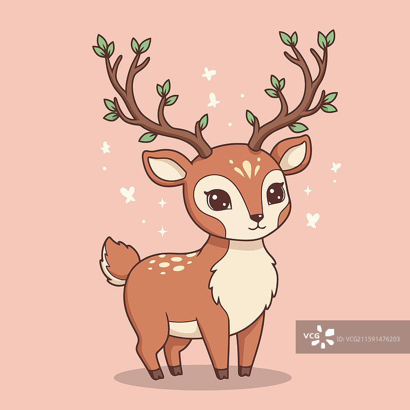 卡通鹿站立，角上挂着树叶图片素材