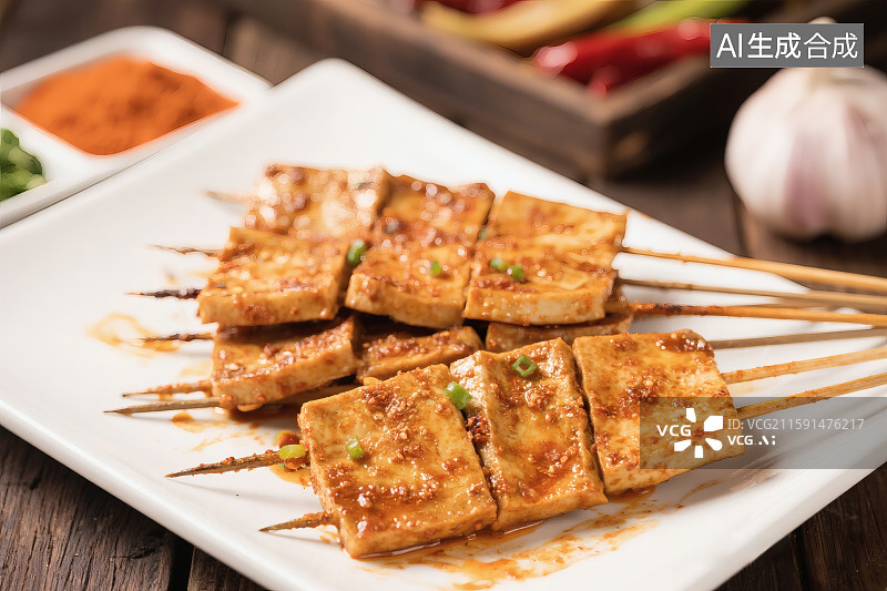 【AI数字艺术】餐盘中用竹签串好，烧烤美食，炸豆腐图片素材