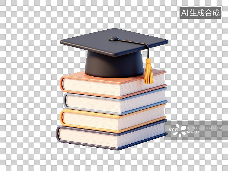 【AI数字艺术】3D免抠元素，一堆书和一顶毕业帽图片素材