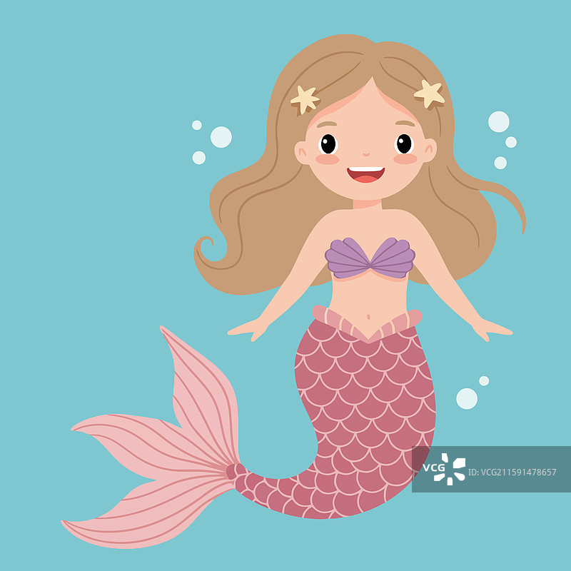 卡通美人鱼在海中与星星一起游泳图片素材