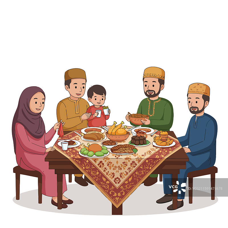 家庭在餐桌上一起享用传统美食图片素材