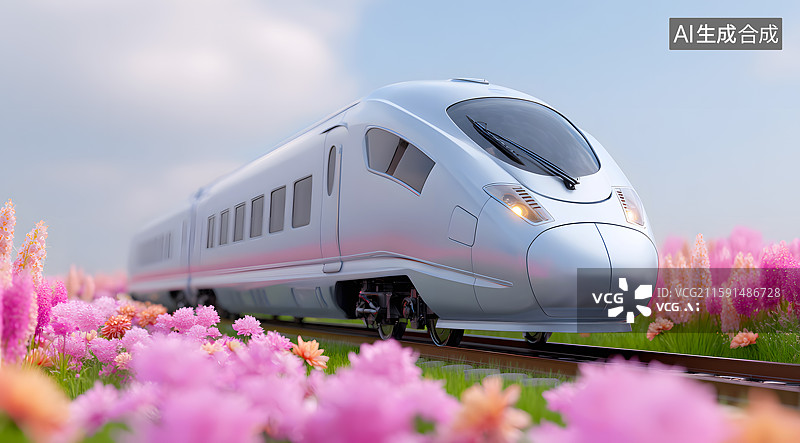 【AI数字艺术】花海中一辆行驶的列车高铁图片素材