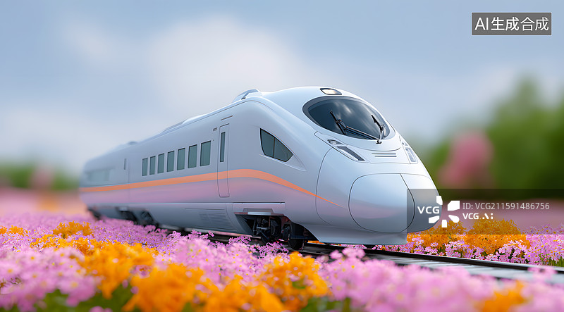【AI数字艺术】花海中一辆行驶的列车高铁图片素材