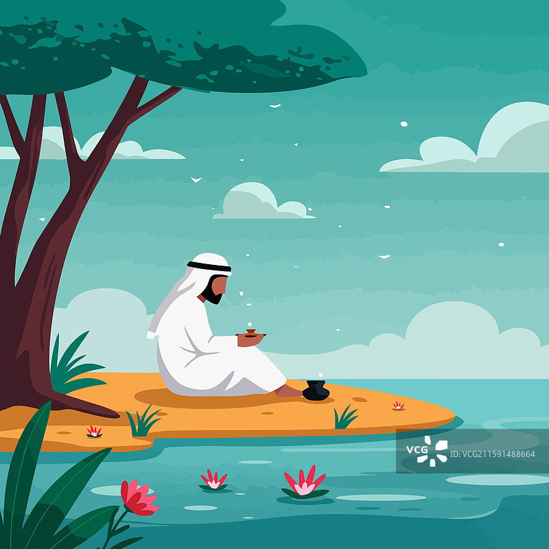 男人在宁静的大自然中，靠近水边放松，手中拿着饮料。图片素材