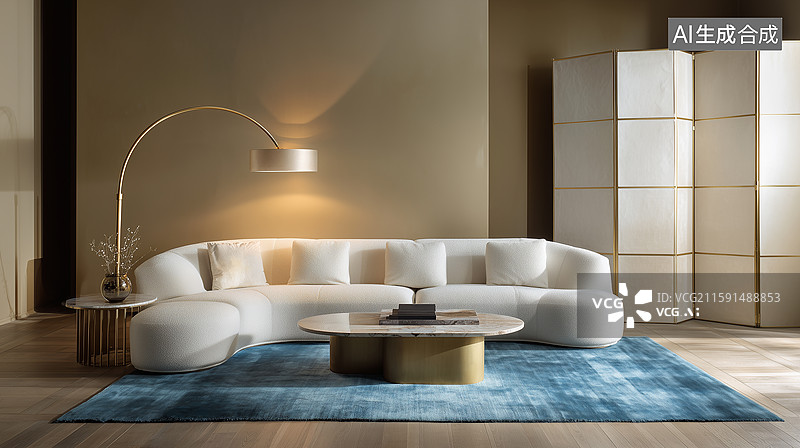 【AI数字艺术】现代奢华客厅驼棕墙白沙发图片素材