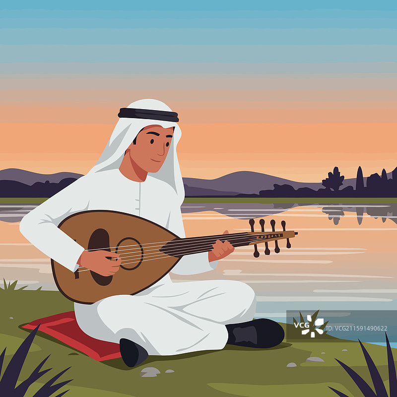 在湖边弹奏乌德乐器的男人图片素材