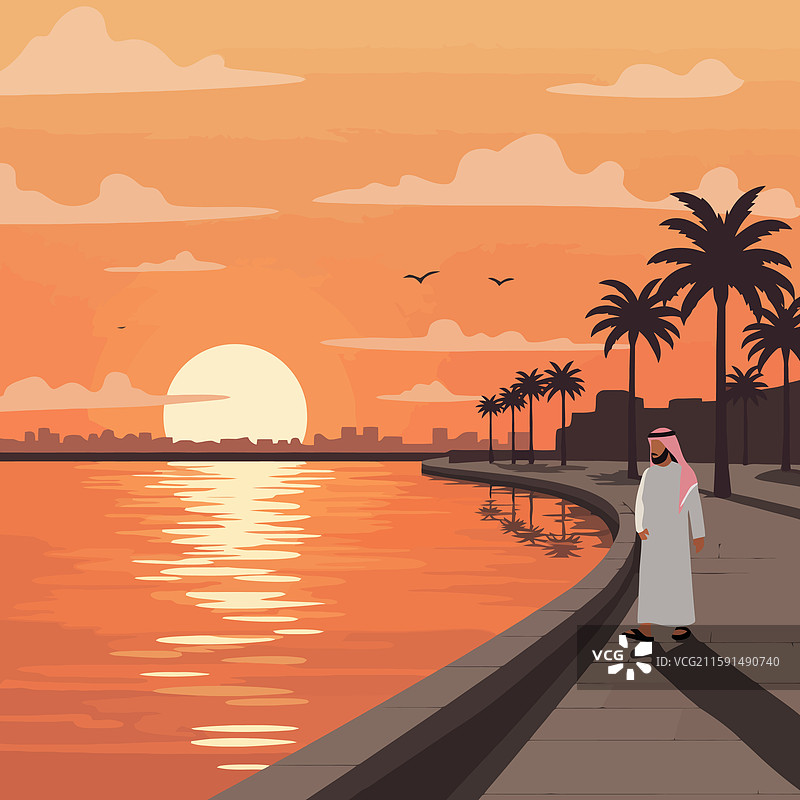 男人在日落时分沿海滨散步，身旁有棕榈树。图片素材