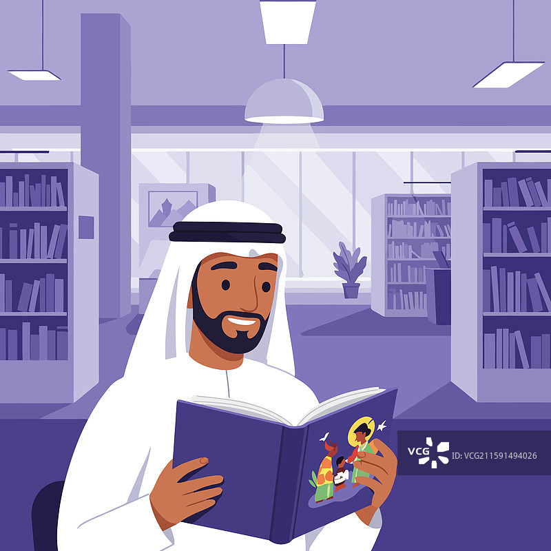 男人在图书馆里阅读故事书，四周环绕着书籍。图片素材