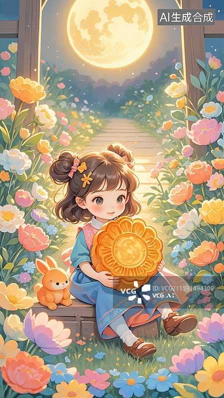 【AI数字艺术】中秋节插画 可爱女孩抱着大月饼 坐在开满鲜花的花园里 明月升起 竖版图片素材