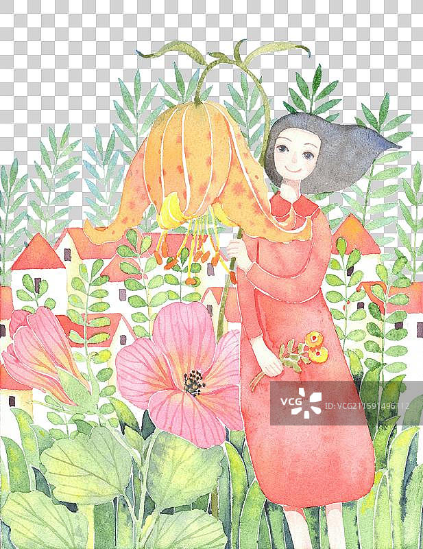 免抠元素水彩人物插画 拿着萱草花的女孩图片素材