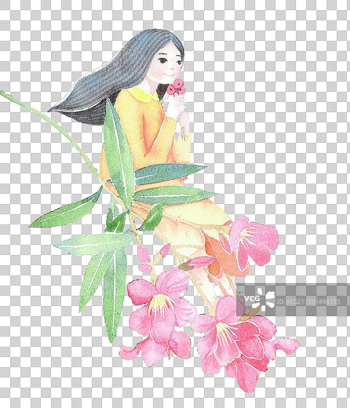 免抠元素水彩人物插画 坐在夹竹桃捧着花的美女图片素材
