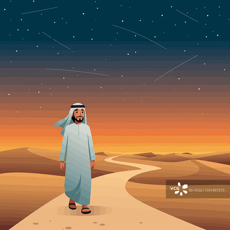 在星空下的沙漠小径上行走的男人图片素材