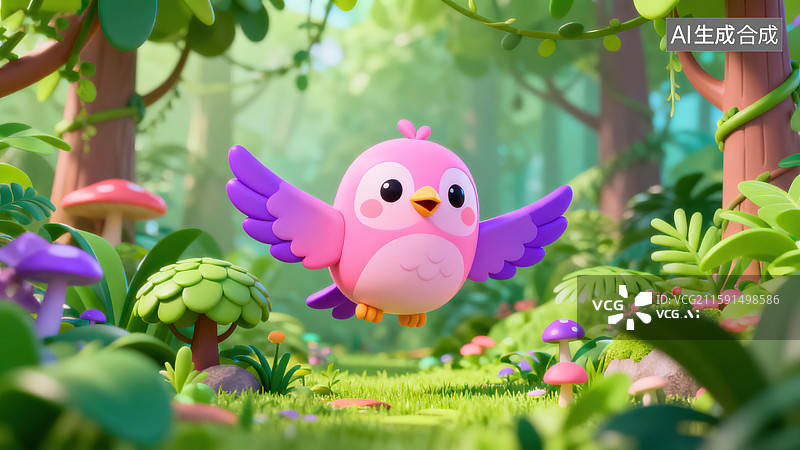 【AI数字艺术】卡通风格的丛林小鸟场景图片素材