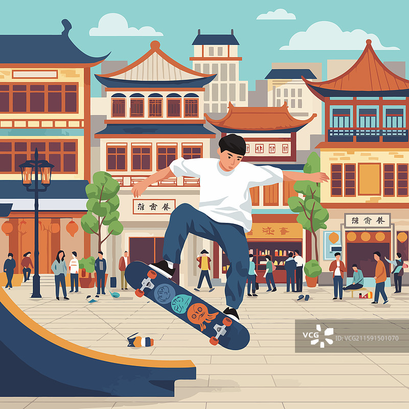 男孩在城市环境中滑板图片素材