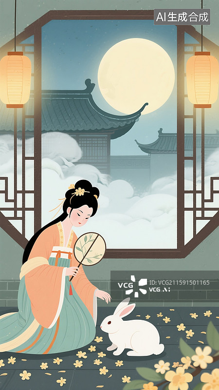 【AI数字艺术】嫦娥和玉兔的中秋节日插画 古风女孩和兔子在窗边 国风嫦娥神话背景图 竖版图片素材