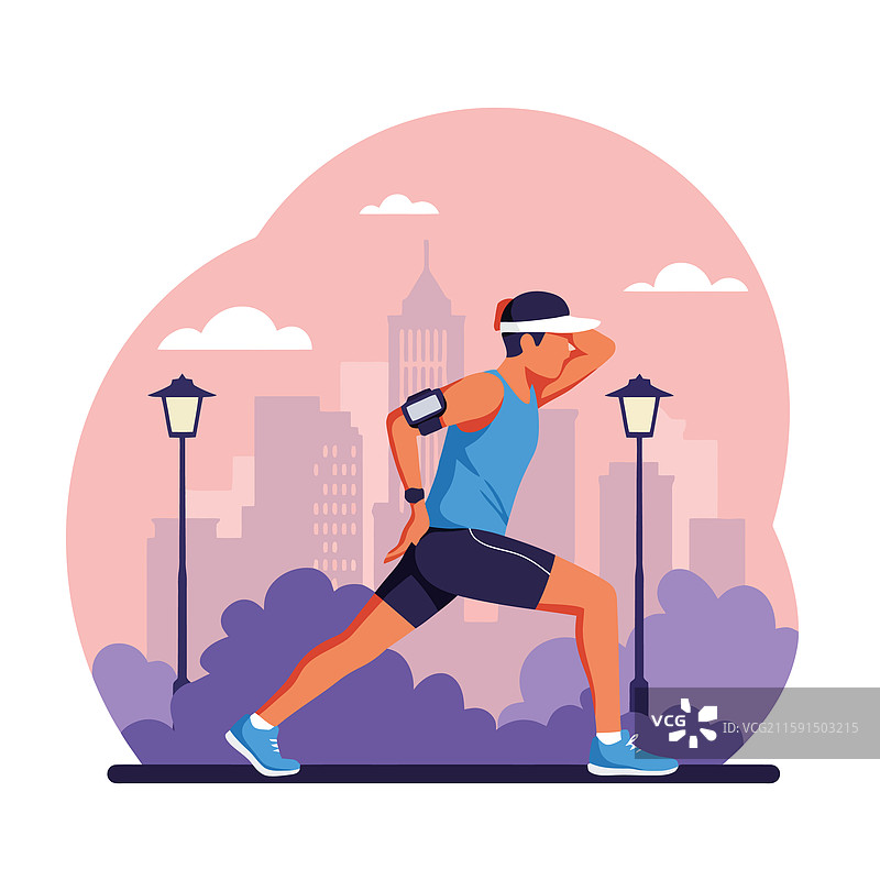 男人在城市公园跑步前拉伸图片素材
