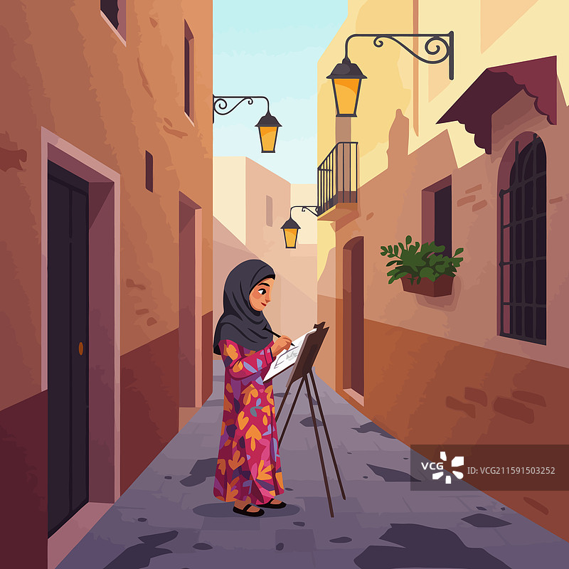 女性艺术家在巷子里绘画，色彩斑斓图片素材
