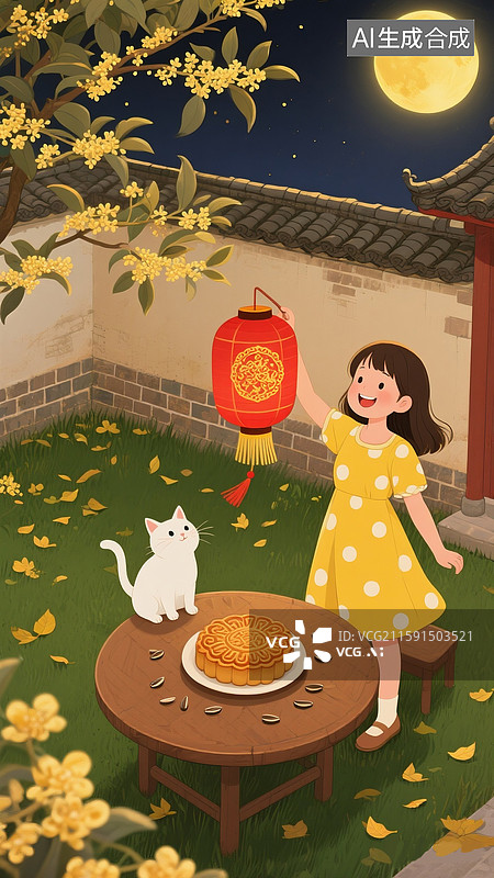 【AI数字艺术】治愈系中秋节日插画 女孩和猫咪在院子里挂红灯笼 桌上摆着月饼温馨的庭院背景图 竖版图片素材