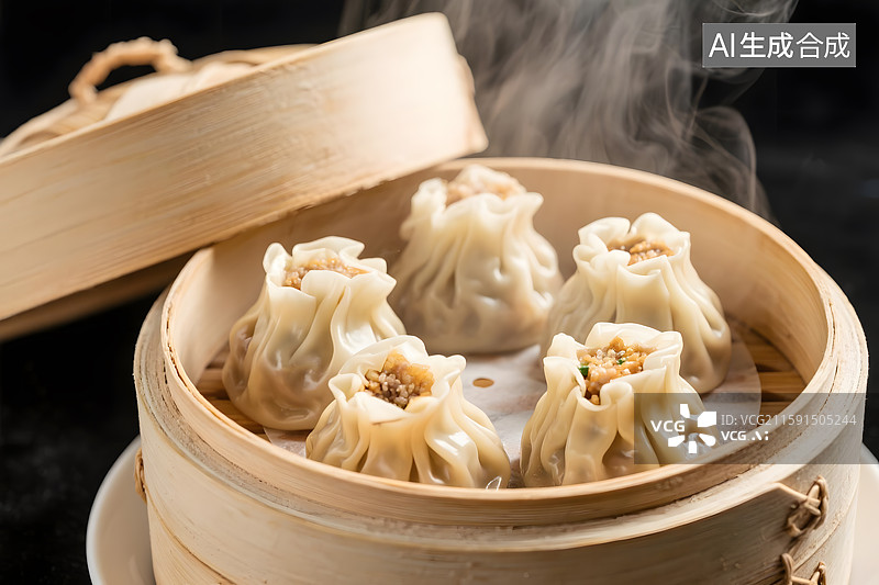【AI数字艺术】蒸笼中冒着热气的早餐烧麦图片素材
