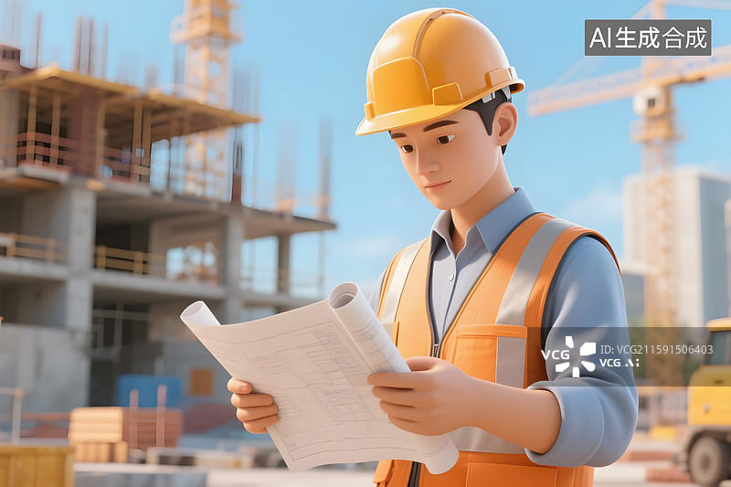 【AI数字艺术】建筑工程师在工地戴着安全帽，手拿图纸仔细核对图片素材