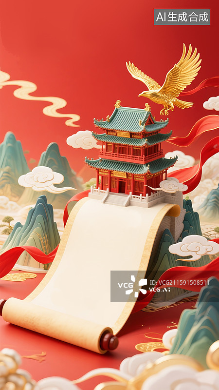 【AI数字艺术】国庆节庆祝插画-庆祝新中国国庆节76周年庆 3D渲染立体中式建筑与东方意境山水画卷 竖版图片素材