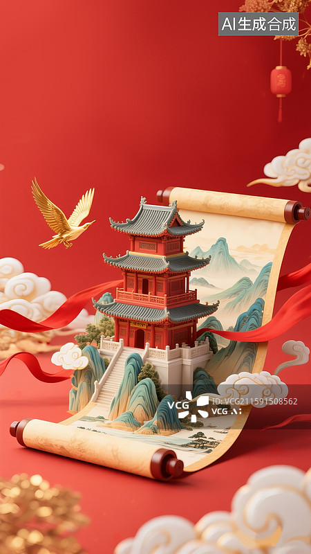 【AI数字艺术】国庆节庆祝插画-庆祝新中国国庆节76周年庆 3D渲染立体中式建筑与东方意境山水画卷 竖版图片素材