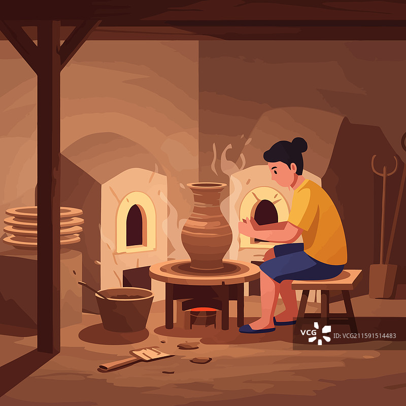 女性在工作室里用陶轮制作陶器图片素材