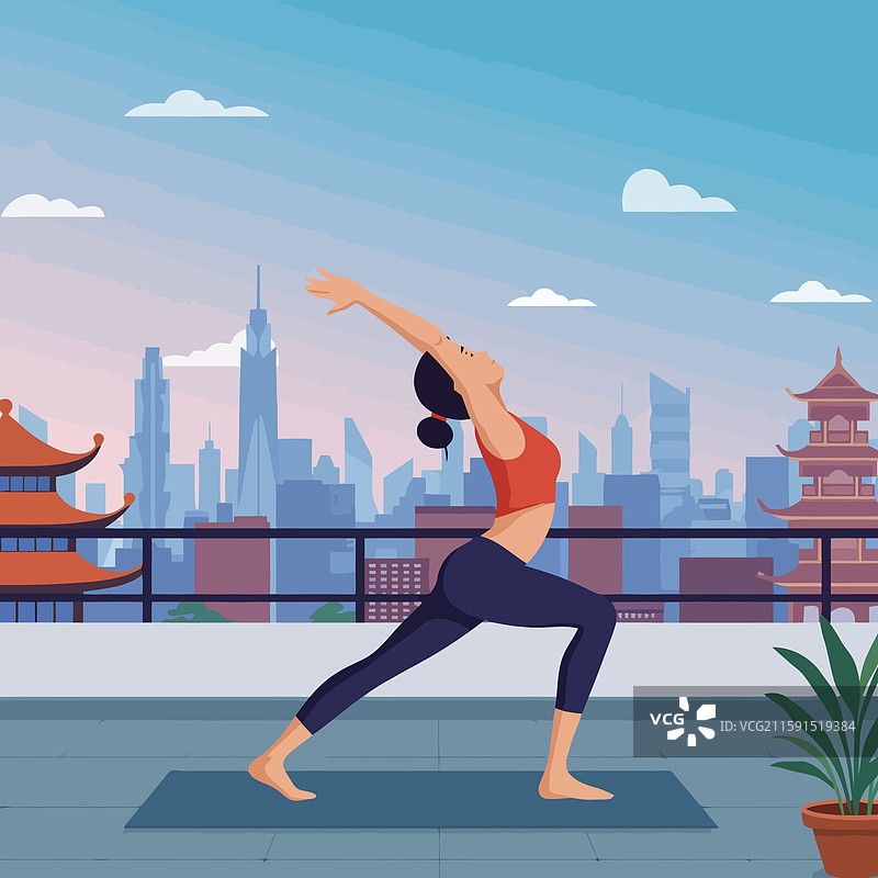 女子在屋顶上练习瑜伽姿势，俯瞰风景图片素材