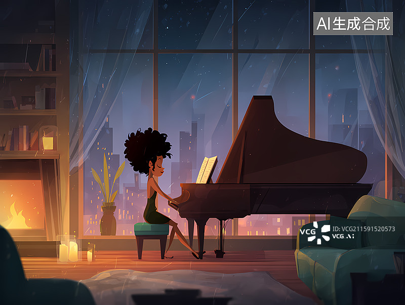 【AI数字艺术】卡通奇幻风格女性弹钢琴插图图片素材