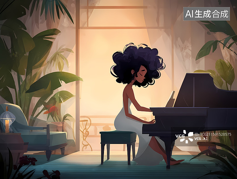 【AI数字艺术】卡通奇幻风格女性弹钢琴插图图片素材