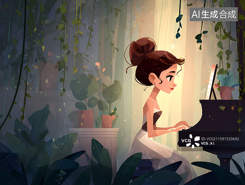 【AI数字艺术】卡通奇幻风格女性弹钢琴插图图片素材