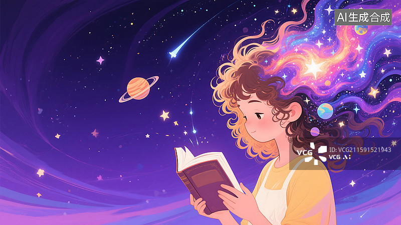 【AI数字艺术】紫色星空下看书的女孩插画图片素材