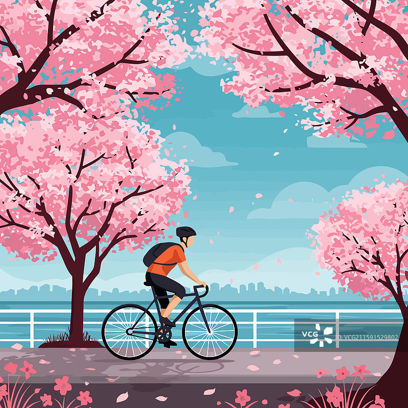 在樱花树下骑自行车的人图片素材