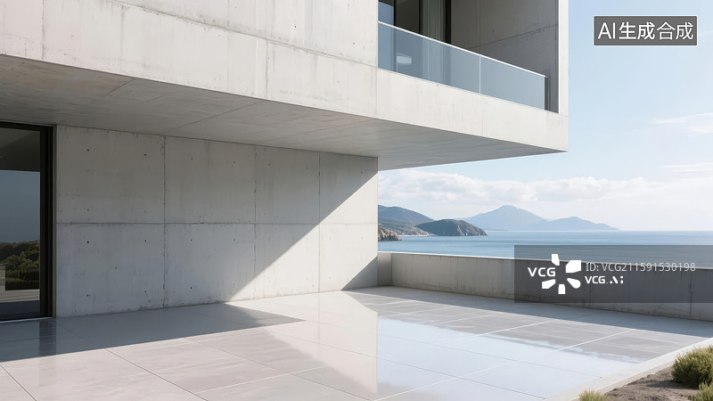 【AI数字艺术】现代建筑露台与海景图片素材