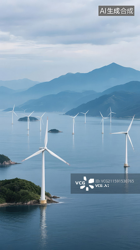 【AI数字艺术】海上风力发电场与远山图片素材