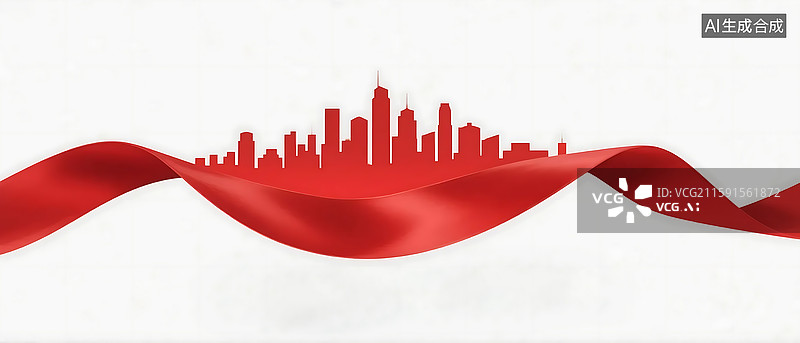 【AI数字艺术】红色丝带与城市天际线剪影图片素材