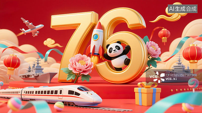 【AI数字艺术】国庆节76周年主题，红色背景，高铁，航母，熊猫，庆祝图片素材